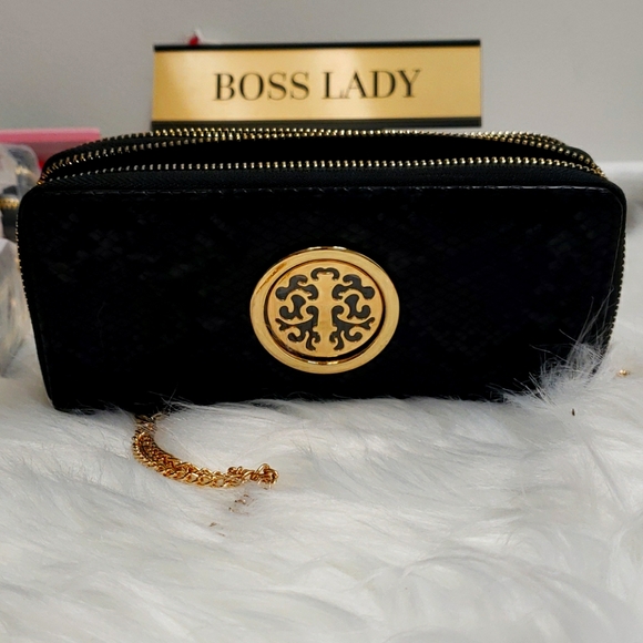 Gold and black faux snake skin wristlet
